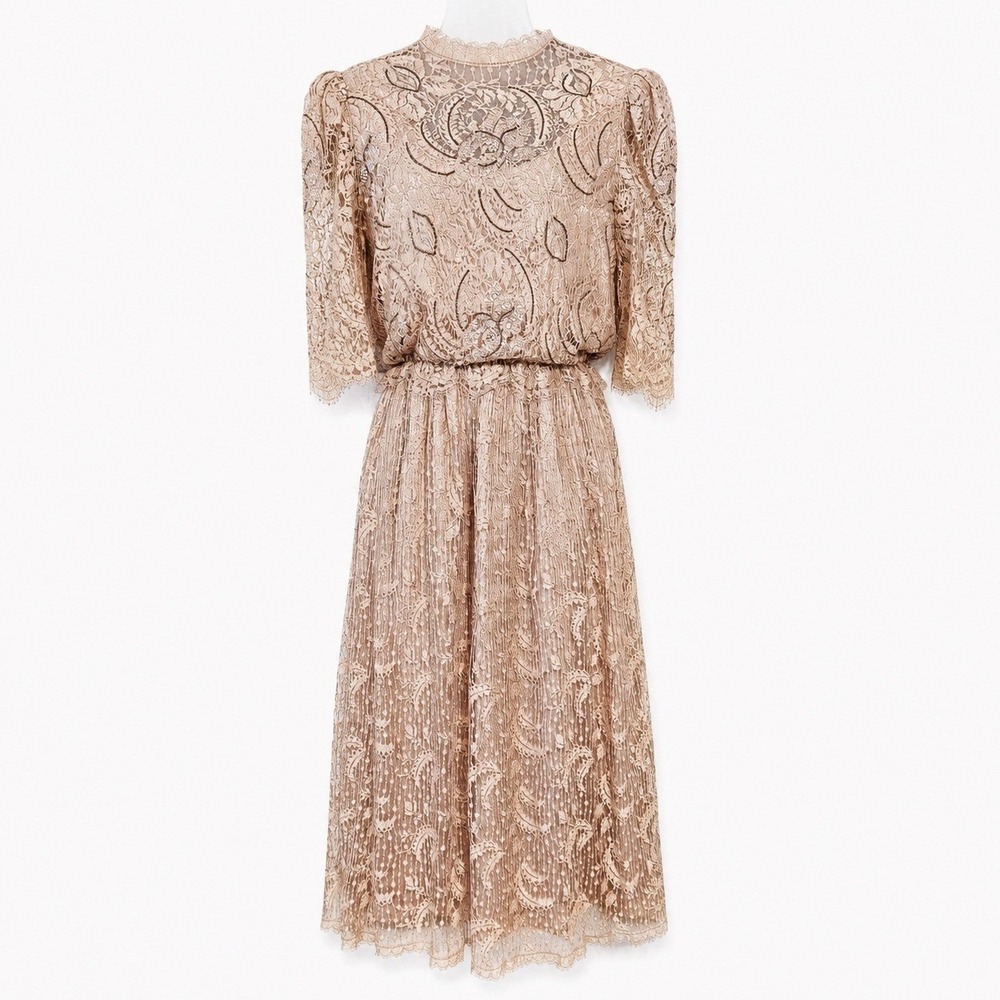 VTG Rina di Montella Lace Midi Dress 10 Champagne Sequin Beaded Cocktail Cottage - Picture 2 of 16